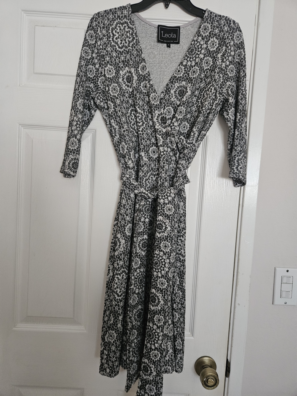 Leota Black and Silver Printed Faux Wrap Dress